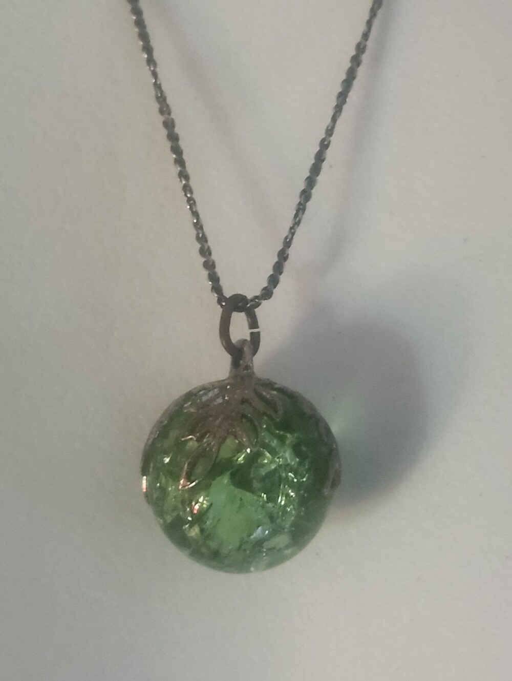 Italy Sterling Silver Green Crackle Glass Orb Pendant Necklace